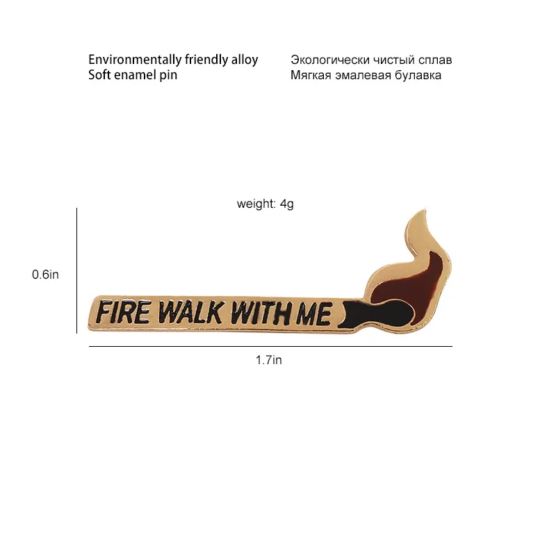 Fun Golden Match Fire Walk with Me Letters Enamel Brooch Alloy Badge Clothes Backpack Pin Accessories Punk Jewelry Gift For Kid | Украшения