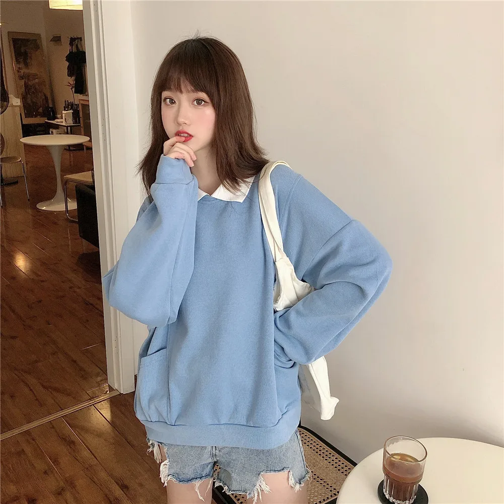 Autumn Oversized Turn-down Collar Sweatshirts Womens Kawaii Long-sleeved Lapel Small Fresh Pullover Hoodies Femmes Sweetshirts