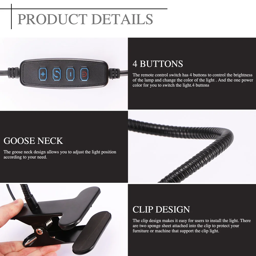Гусиная шея USB Светодиодная настольная лампа с зажимом Защита глаз 4 кнопки для