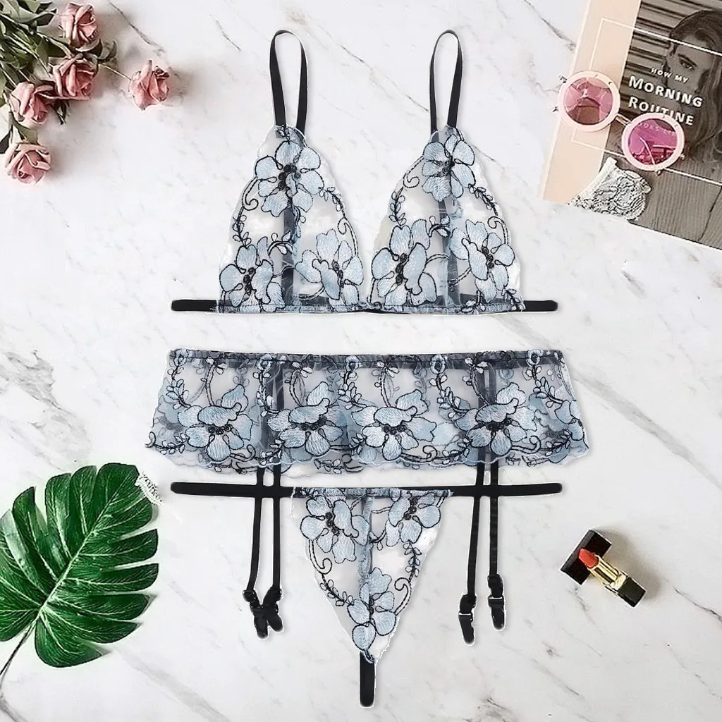 Пикантные Для женщин вышивка кружевное нижнее белье пижамы стринги Комплект