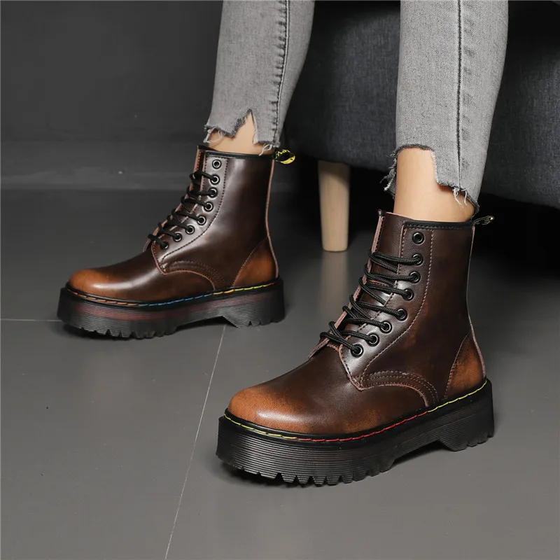 

Women Ankle Boots Women Genuine Leather Shoes For Winter High Platform Women's Boots Rainbow Motorcycle Botas De Mujer Big Size