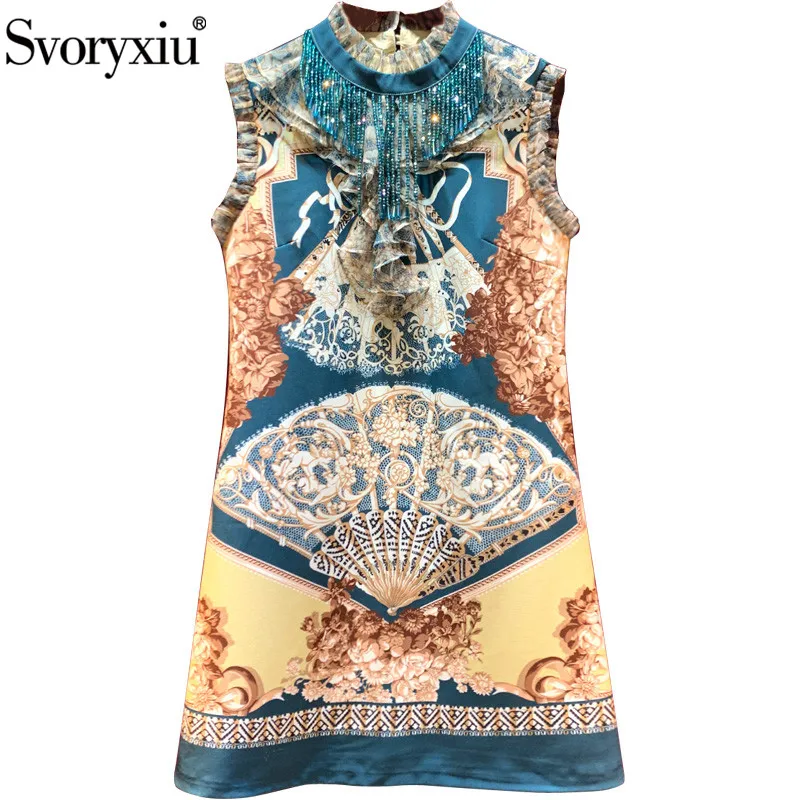 

Svoryxiu Runway Summer Vintage Pattern Print Tank Short Dress Women's Tulle Ruffles Beading Tassel luxury Party Mini Dresses