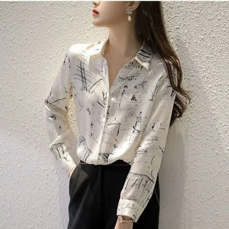 

Shirt female long sleeve print 2021 spring new Chiffon Top Korean temperament shirt versatile loose base shirt