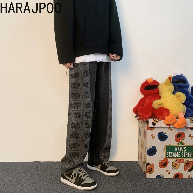 

Мужские джинсы HARAJPOO, новинка сезона весна-осень 2021, корейские модные прямые свободные укороченные широкие штаны, модные мужские брюки с про...