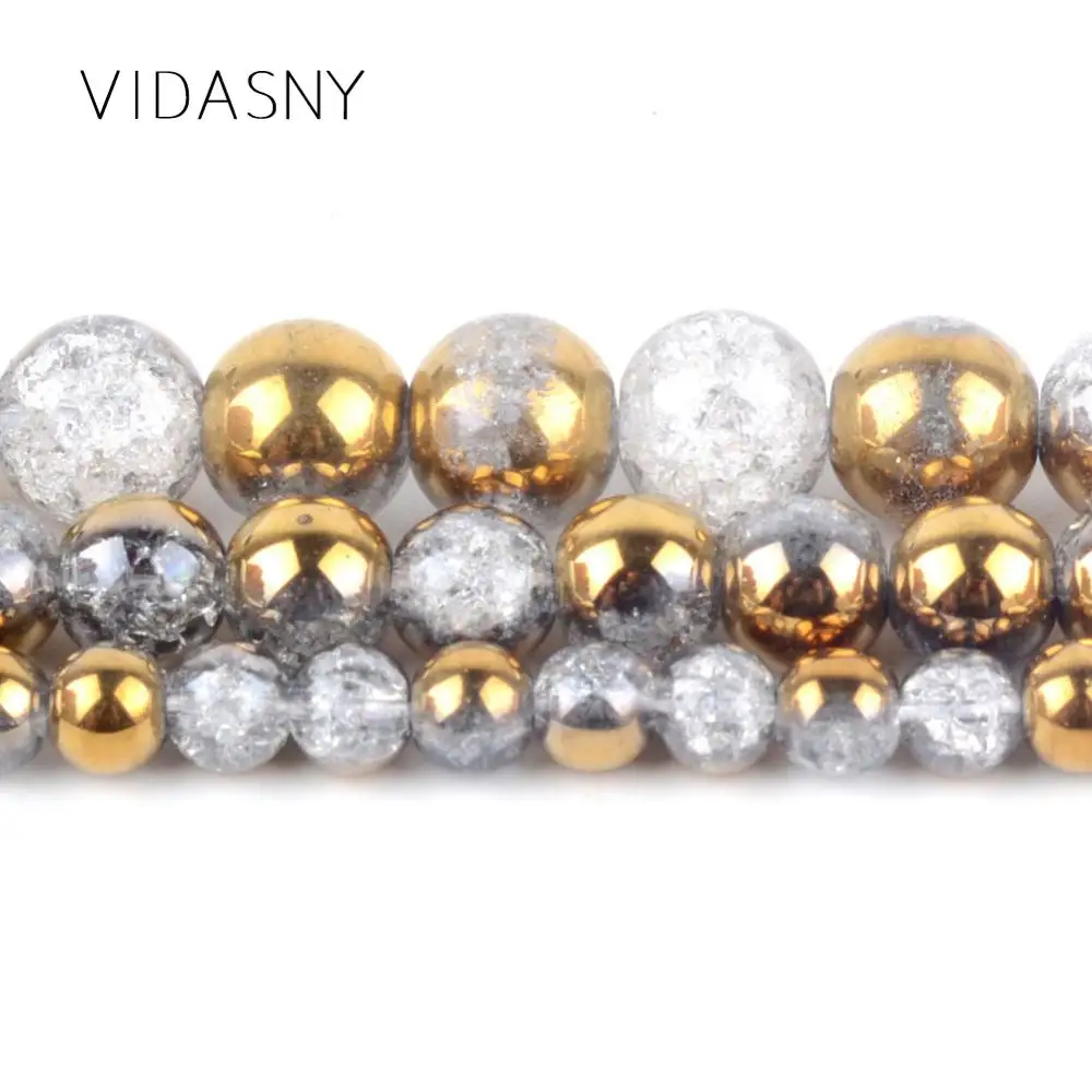 

Natural Stone Plated Half Gold Snow Cracked Crystal Beads For Jewelry Making 4 6 8 10mm Round Beads Diy Bracelet Necklace 15''