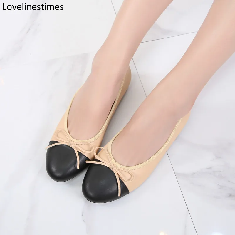 Балетки женские на низком каблуке базовые кожаные туфли-лодочки с круглым носком