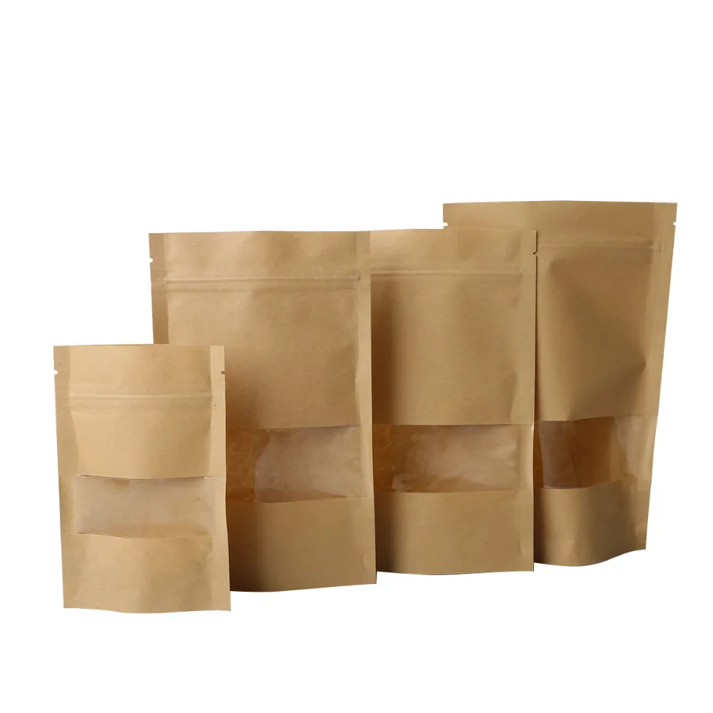 

50Pcs/lot Kraft Paper Bag Window Zip lock Empty Dried Food Fruit Tea Gift package Self Sealing Zipper Stand up Bags