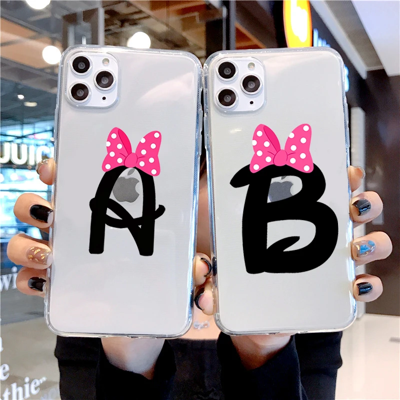 

Cute cartoon bow letter alphabet phone case for iPhone 12 11 Pro XS MAX X XR 7 8 6 Plus SE2 Transparent silicone soft back cover