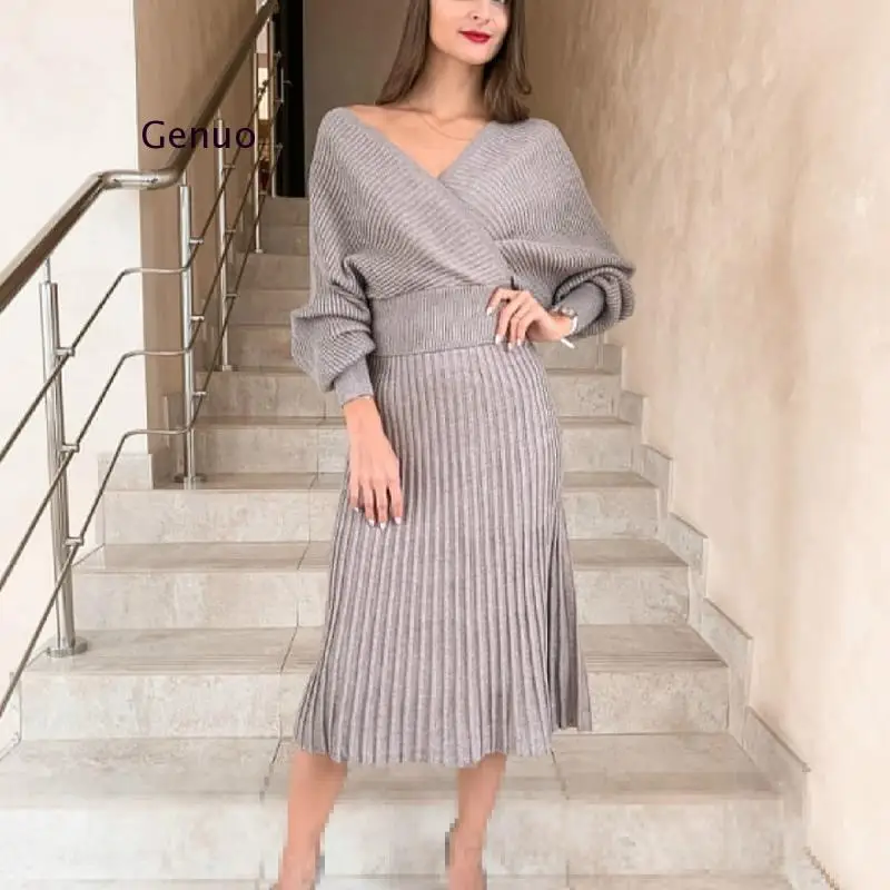 

V-Neck Knitting Sweater Women Set 2 Piece Pullovers Skirt Outfits for Women Suit Casual Shoulder Off Top Pack Hip Women Set