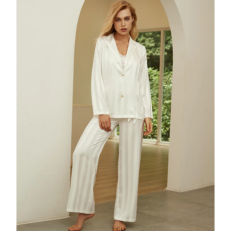 Women's Pajamas Set 3 Pieces Stripe Long Sleeve Sleepwear Silk Satin Pijama Suit Nightwear Home Suit Female Casual Clothes