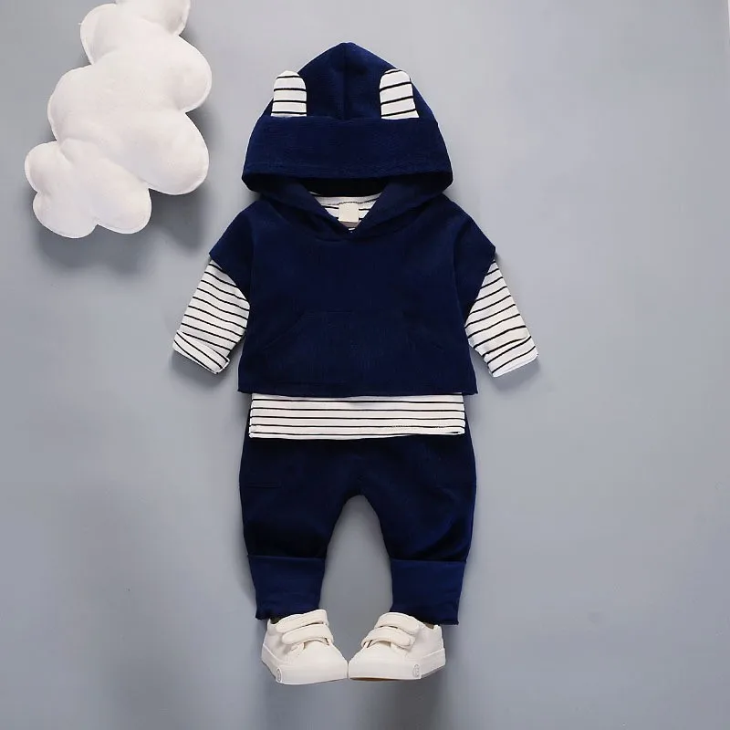 

Spring Autumn Baby Boy Girl Fashion 3 Pcs Outfits Set Stripe Long Sleeve Tops Hooded Sweatshirt Long Trousers