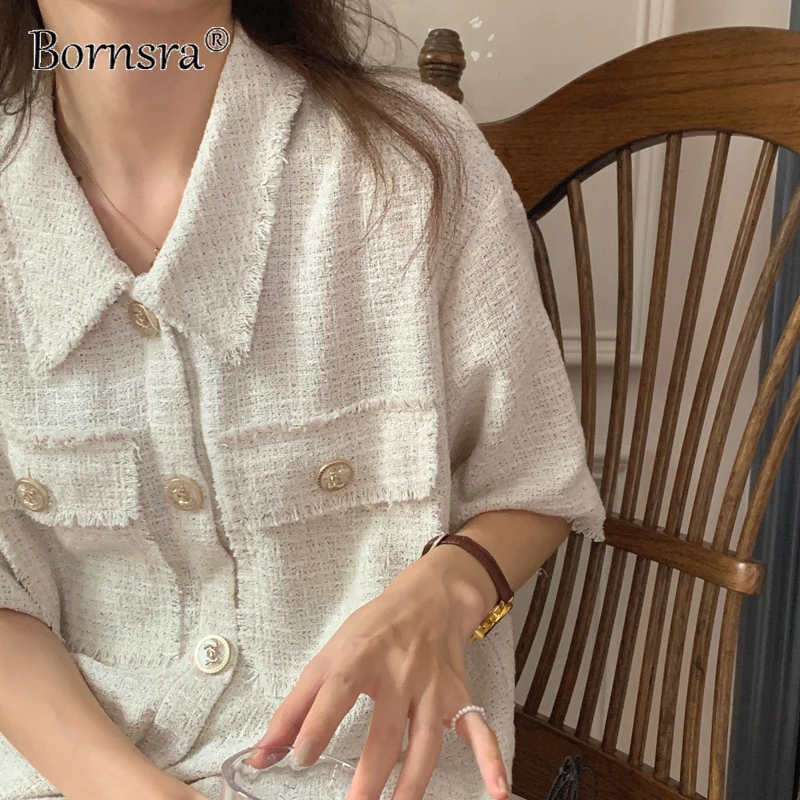 

Bornsra 2021 Summer Fashion Small Fragrance Tassel Shirt Jacket + England Style Pockets WOMEN Single Breasted Short Suit