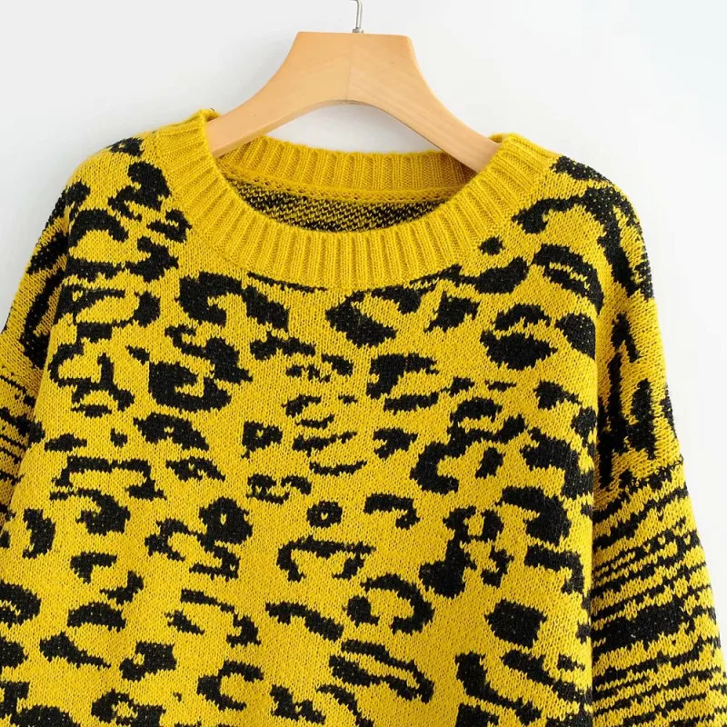 NSZ женский свитер с леопардовой раскраской животным принтом вязаный пуловер