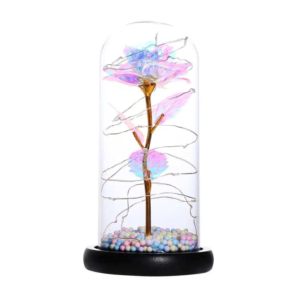 

Artificial Gold Foil Rose Flower And LED Light String In Glass Dome On Wooden Base The Best Gift For Women(Battery Not Included