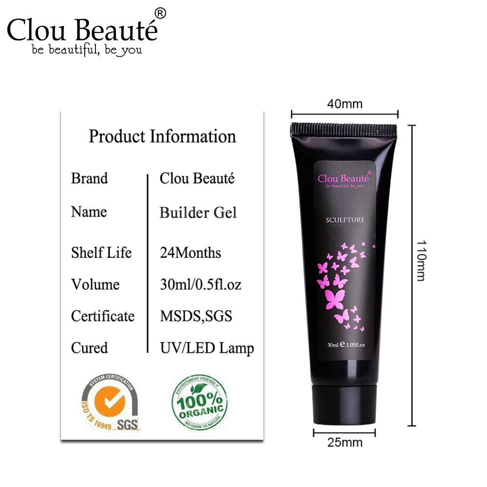 Clou Beaute 30 мл Гель лак для наращивания ногтей розовый белый прозрачный УФ быстрого