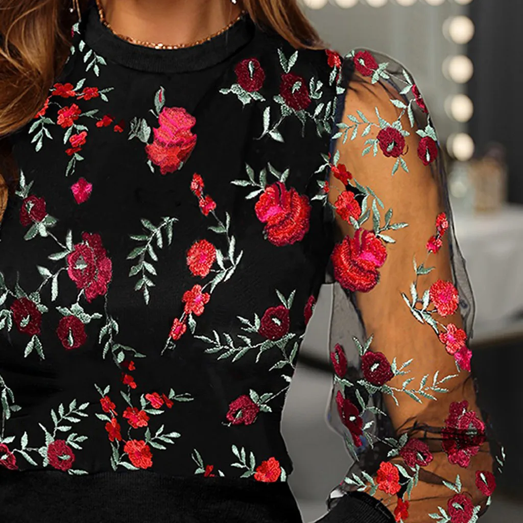 Женская блузка с круглым вырезом и длинными рукавами KANCOOLD сетчатая цветочной