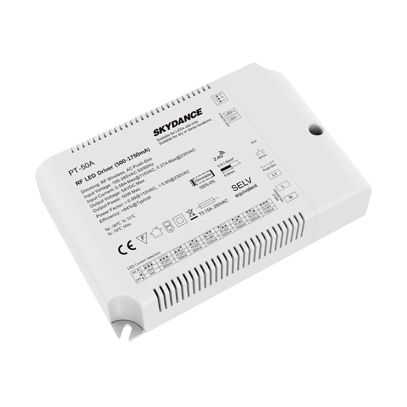 

RF Dimmable LED Driver 50W 2.4G RF Wireless Remote AC 100V 240V To DC 500mA-1750mA Constant Current Power Driver Push Dim