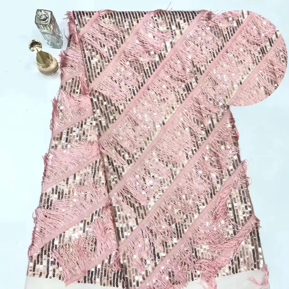 

Nigerian French Lace Fabric African Tulle Lace Fabric With tassels High Quality African Lace Wedding Fabric For Dress STDE161