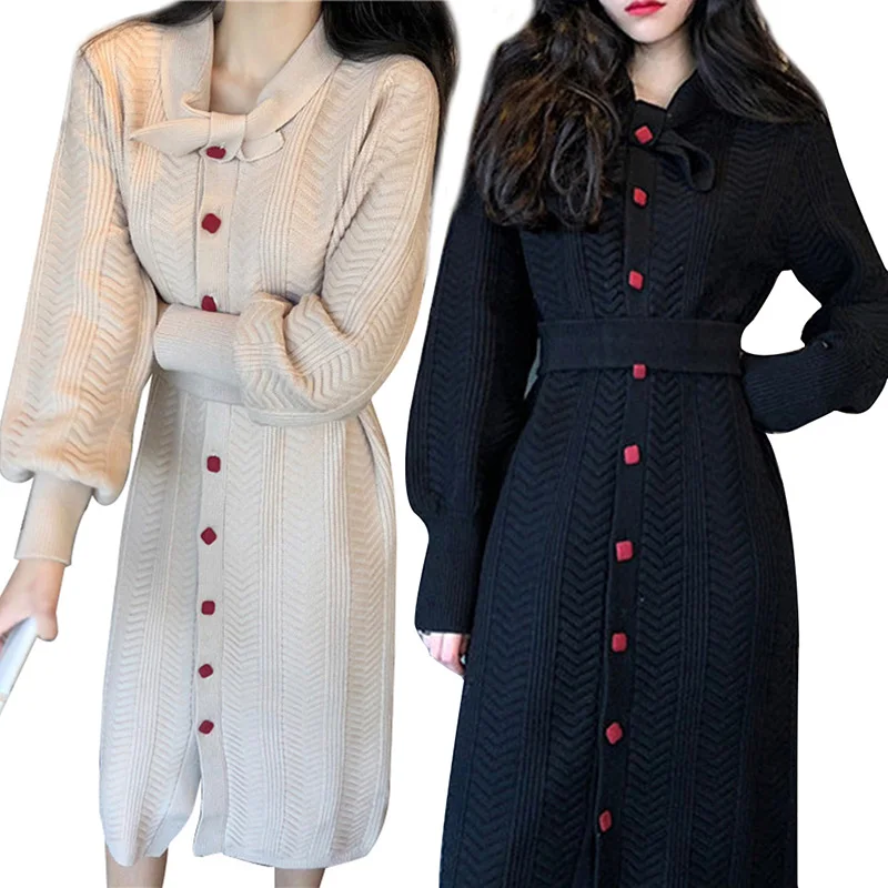

Women Autumn Slim Up Knit Cardigan Dress Bow Long Sleeve Button Split Dress Casual Female Dresses Dropship Vestidos 2019