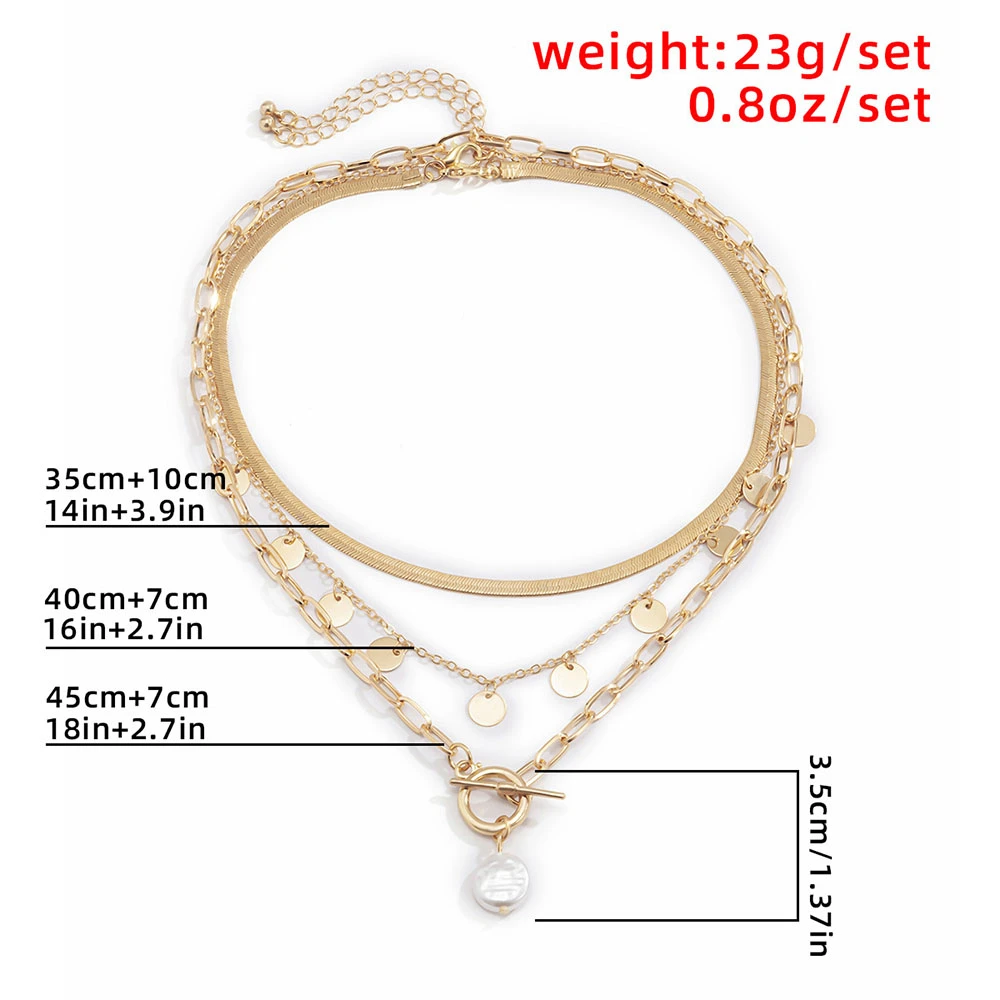 

Fashion Multilevel Gold Silver Color Snake Chain Collar Necklace For Women Female Geometric Sequined Faux Pearl Pendant Jewely