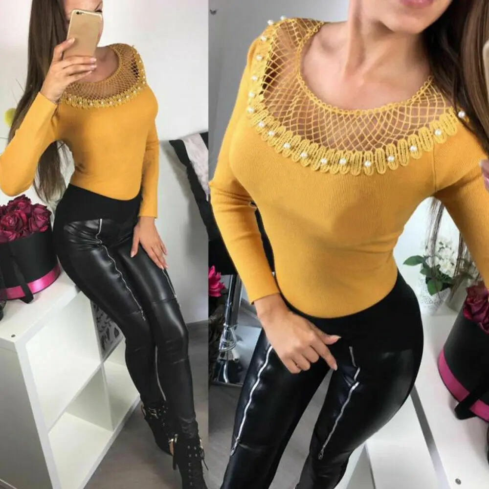 Sexy Women Hollow Out Net Neck Pearls Sweaters Long Sleeve Knit Jumper Tops Solid Slim Beads Pullovers Casual Autumn Knitwear | Женская