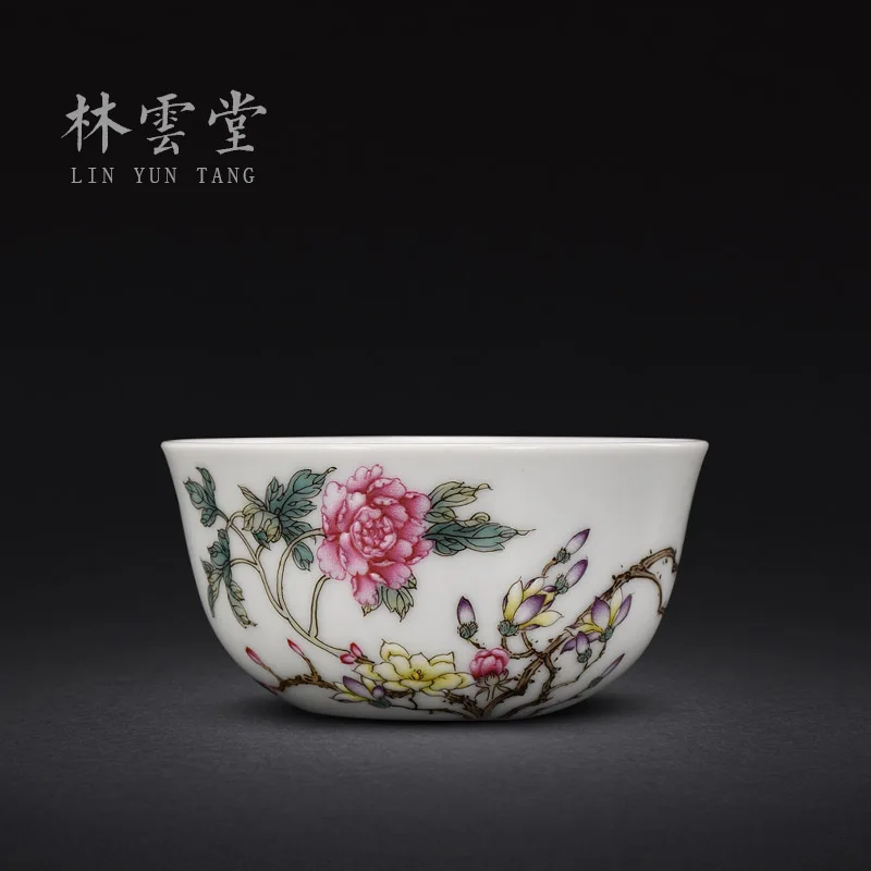 

Lin Yuntang ручная роспись пион Магнолия эмаль мастер чашка с чашкой Цзиндэчжэнь ручной работы, керамические чашки для чайной церемонии кунг-фу