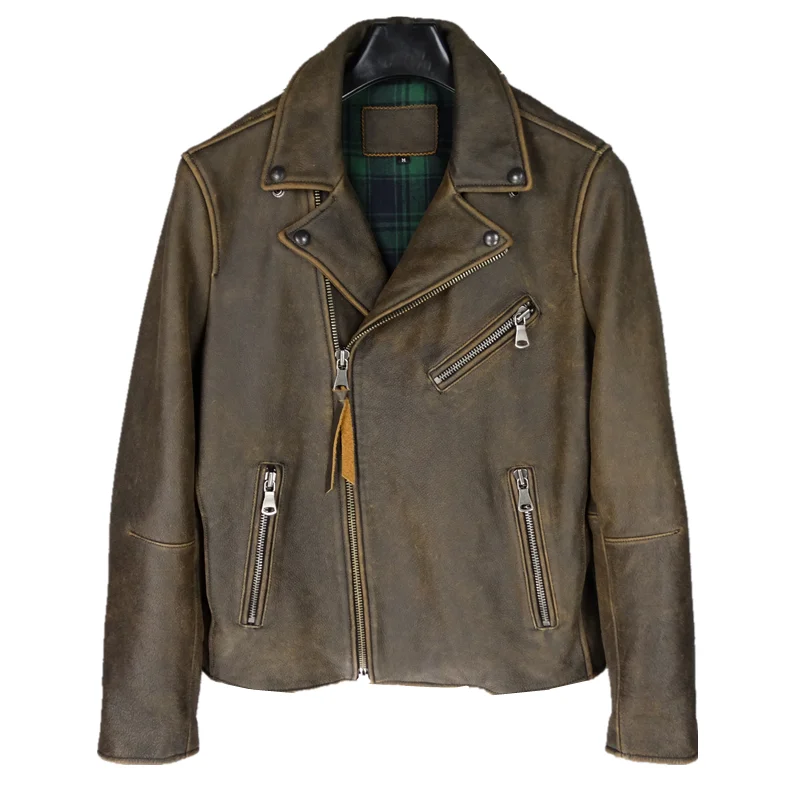

2021 Vintage Brown Men American Motorcycle Style Leather Jacket Europe Size XL Genuine Natural Cowhide Slim Fit Biker's Coat