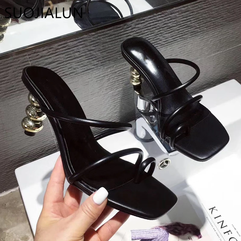 Шлепанцы SUOJIALUN женские с круглым каблуком модные сандалии узкими ремешками