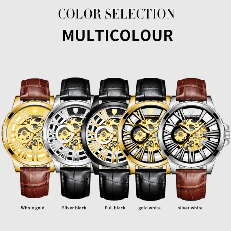 

TEVISE Skeleton Watch Automatic Male Retro Roman Number Luminous Hands Genuine Leather Band Luxury Top Brand Relojes Hombre