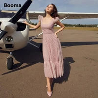 booma pink polka dots tulle midi prom dresses scoop short flutter sleeves evening party gowns cut out back a line formal dresses