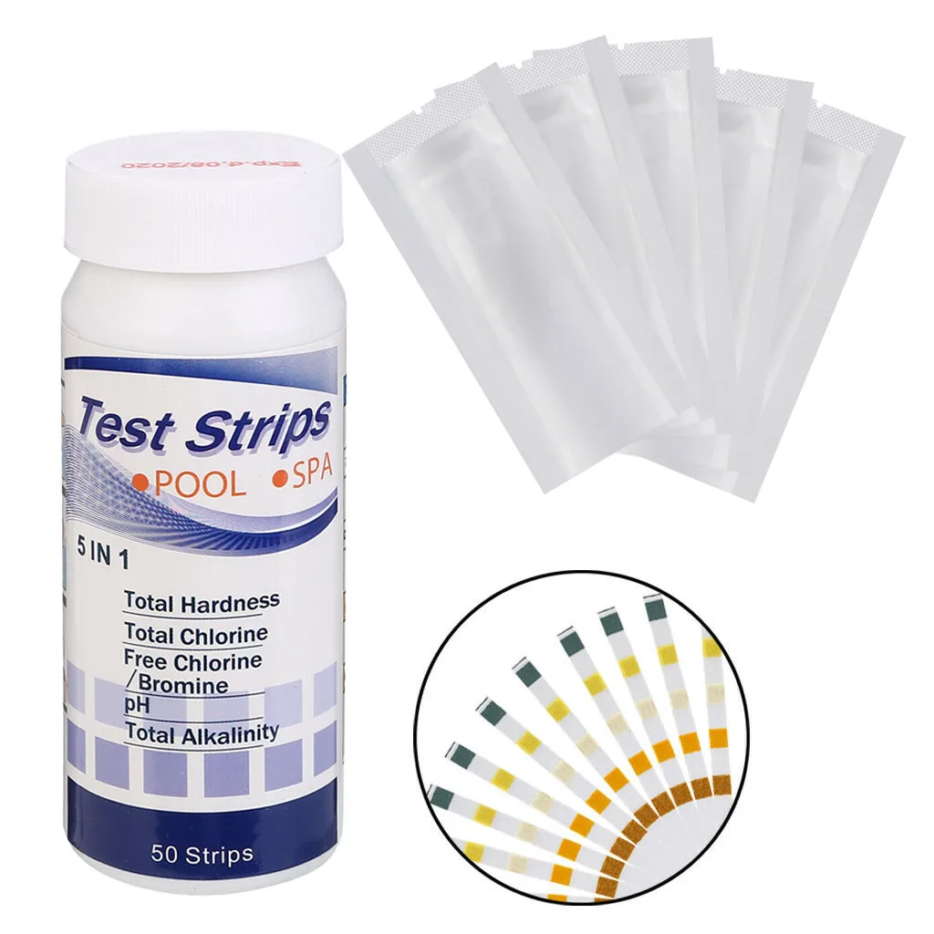 50 Strips Water Quality Test Paper 5 in1 Pool Spa PH Chlorine Alkalinity Bromine Hardness Tester New 2020 #R25 | Дом и сад