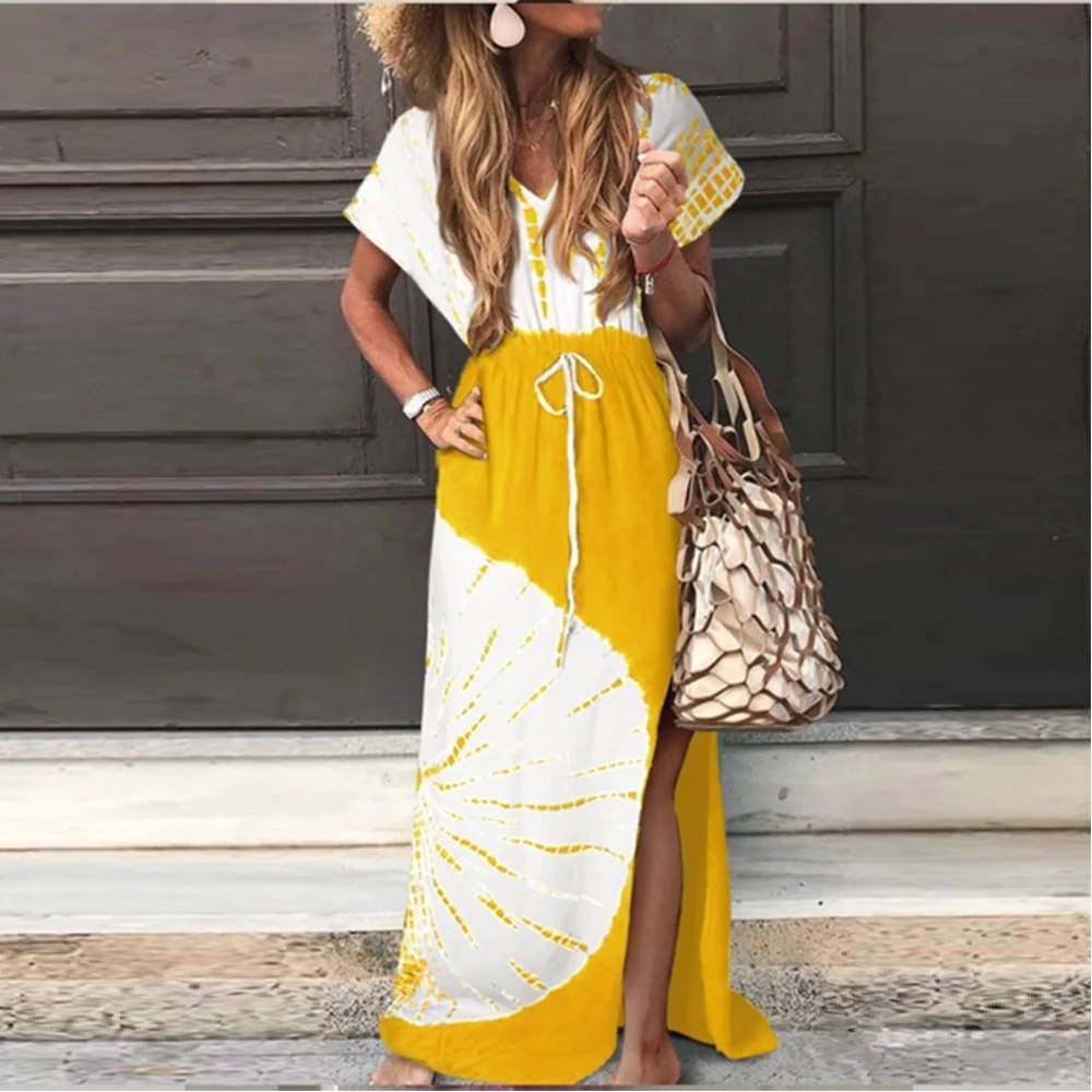 Женское платье новое Boho с коротким рукавом длинное макси летнее пляжное плюс