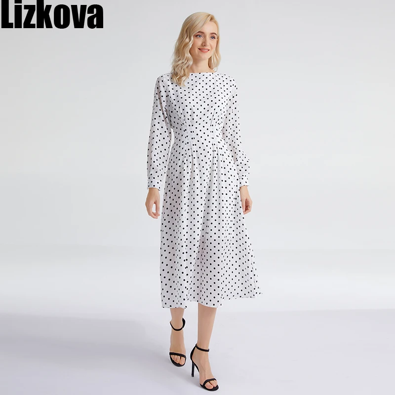 Lizkova в белый горошек шифоновое платье для женщин с длинным рукавом эластичной