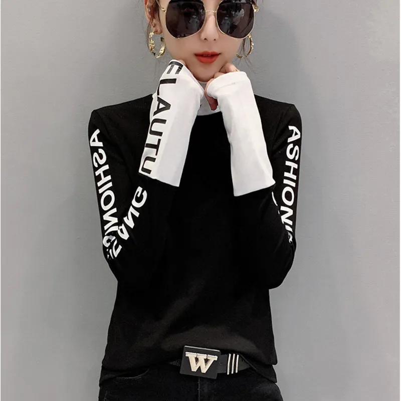 

#5502 Turtleneck T Shirt Women Long Sleeved Slim Letters Printed T Shirts For Girls Black With White Stretch Cotton Tight Tshirt