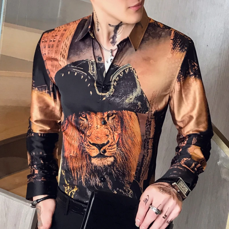 Мужская рубашка с головой льва, DJ Singer Camisa Homem Prom Camisa Masculina, Роскошная золотая рубашка с принтом животных, мужская рубашка с длинными рукавами, вечерние Клубные