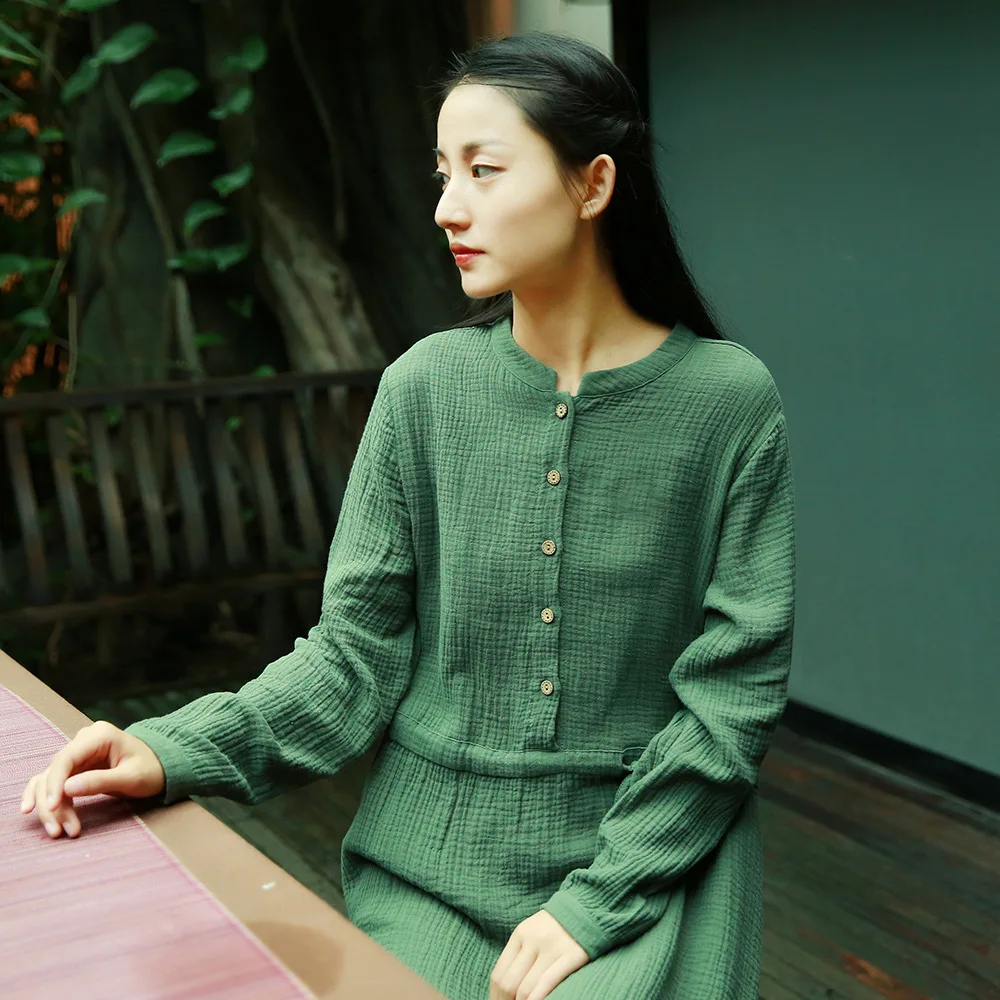 Женское Бандажное платье из хлопка и льна Johnature осеннее на пуговицах с длинным