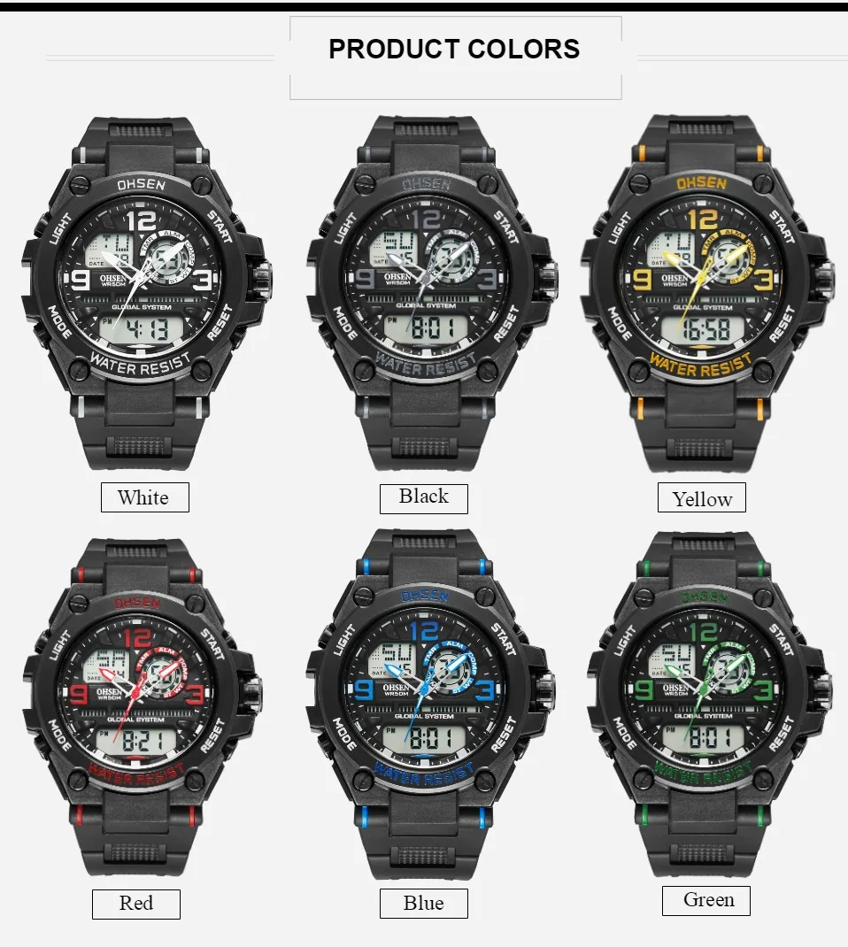 

OHSEN Dual time Men Sport Watch Digital Quartz Fashion military man Wristwatch 50M Waterproof Alarm Stopwatch male Watches Gift