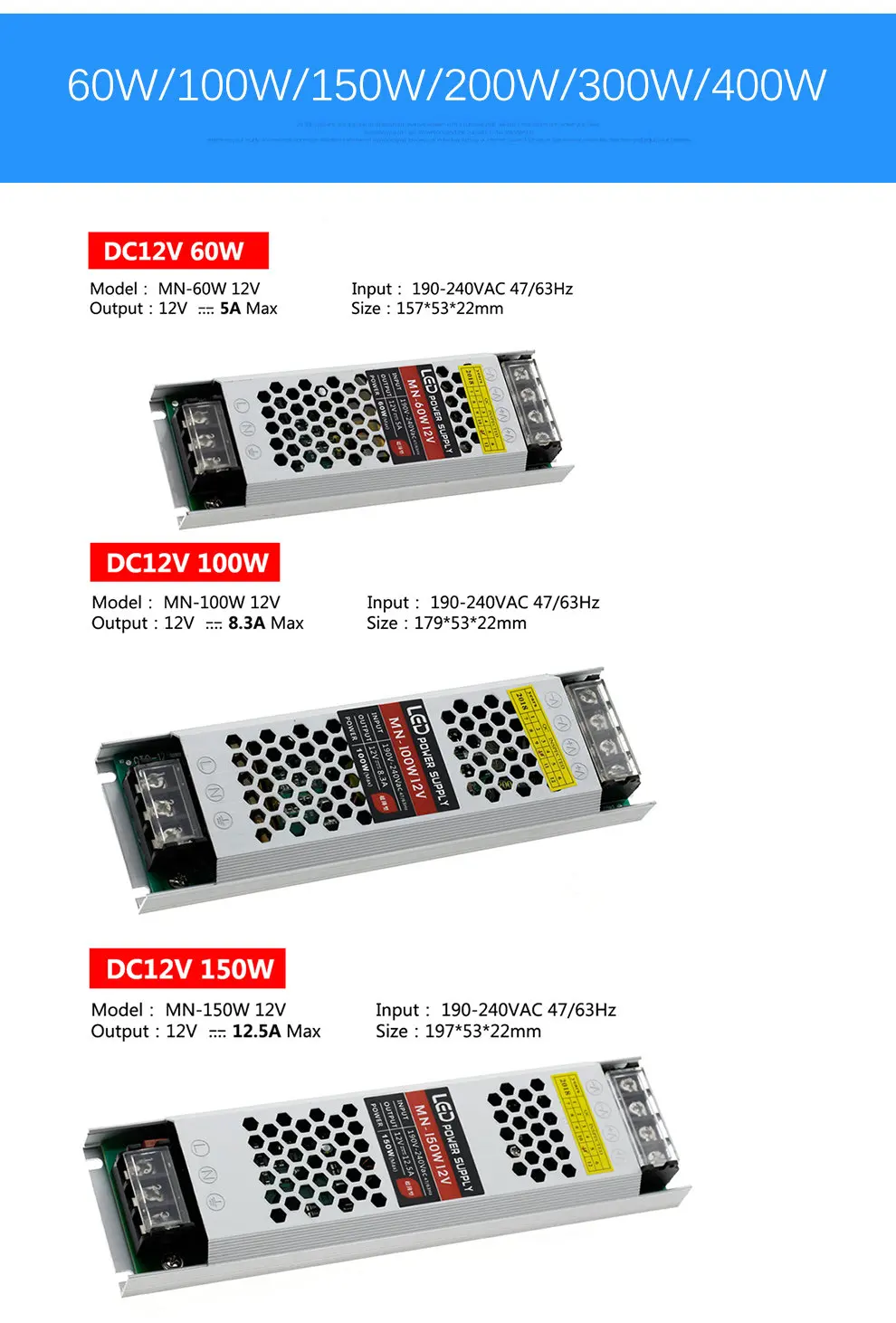 Ультра тонкий светодиодный Питание DC 12V LED трансформаторы 60W 100W 150W 200W 300W 400W AC190-240V драйвер для Светодиодный полоски