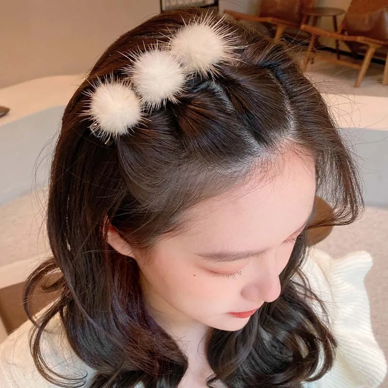 Меховые шарики для волос зажимы женские челки фиксированные заколки зимняя
