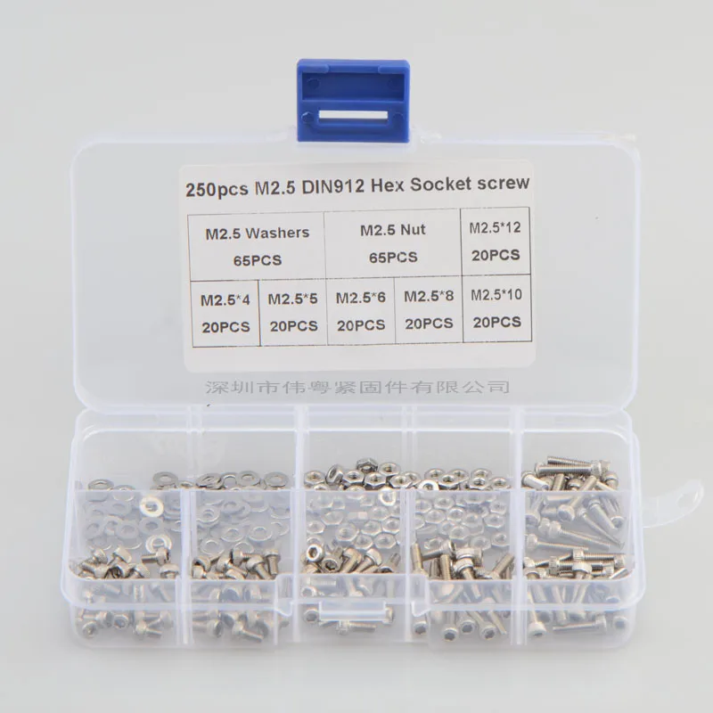 

250Pcs/set DIN912 M2.5 304 Stainless Steel Hexagon Socket Head Cap Screws Furniture Hex Bolts Assortment Kit