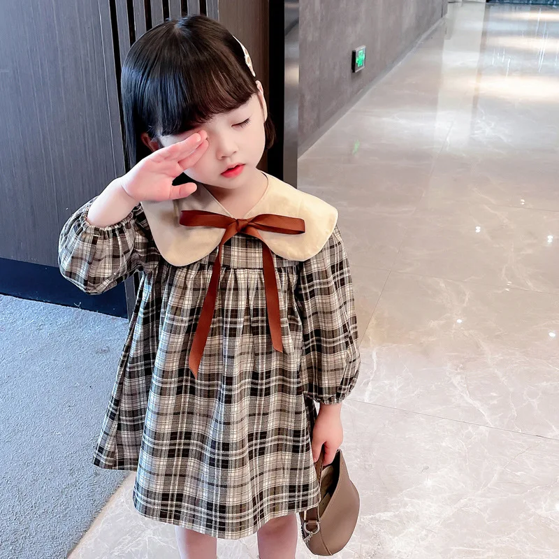 

Spring And Autumn New Toddler Kids Long-Sleeved Dress For Girl Children Clothing Peter Pan Collar Plaid Dress