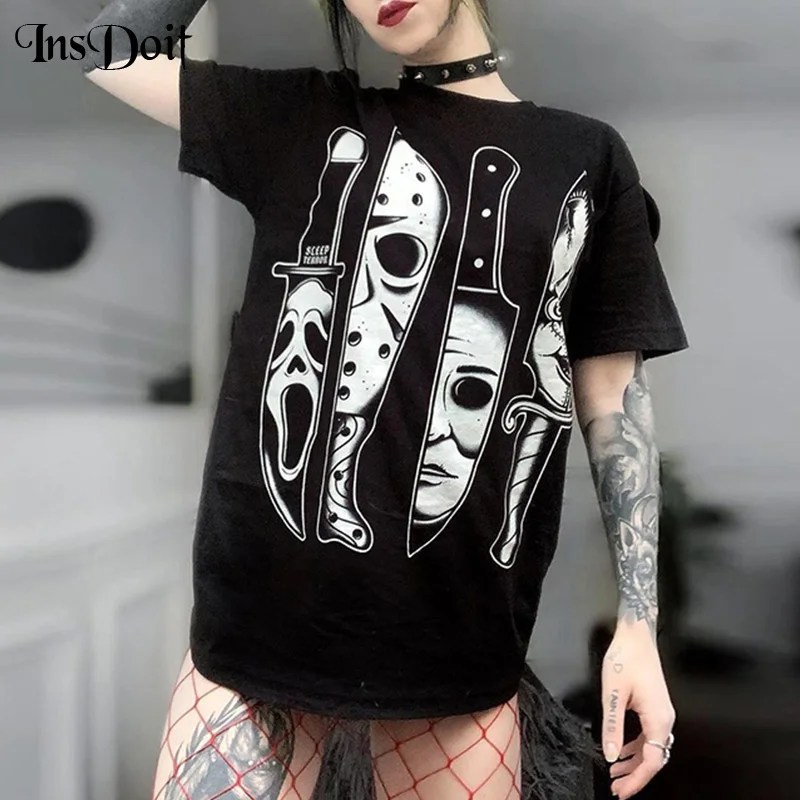 

InsDoit Mall Goth Black Loose Women's T-shirts Harajuku Print Short Sleeve Summer Tees O Neck Vintage Aesthetic Fashion Top 2021