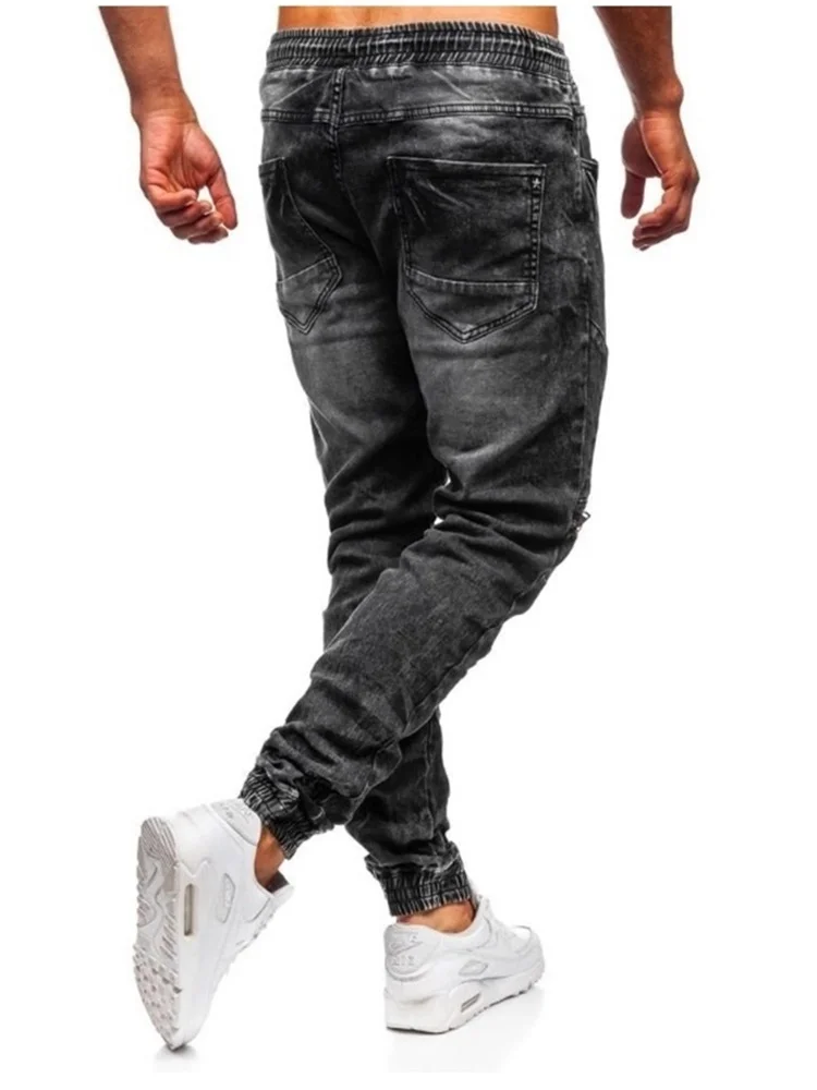 EH·MD® Men's Harem  Jeans Drawstring Sweatpants Dark Blue Large Size Highly Elastic Slim Loose Fashion Splicing Drawstring Pants