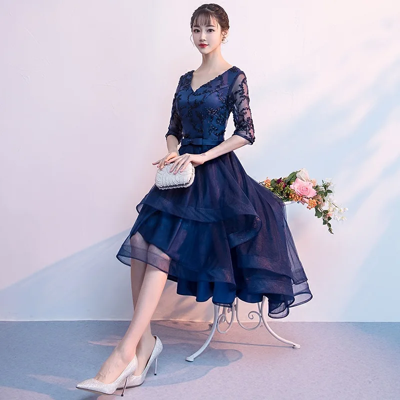 Темно-синие женские v-образным вырезом Короткие вечерние платья Высокая Талия