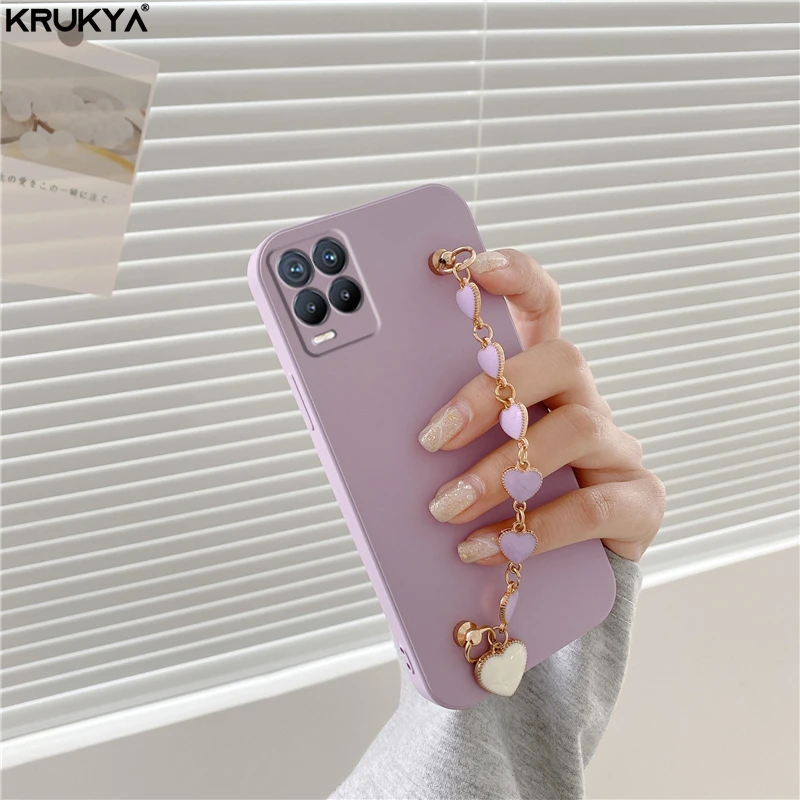 Для OPPO Realmi 8 Pro 7 6 5 C11 C12 C15 C17 V5 V13 C3 C25 X7 XT X2 C21Y Силиконовый мягкий чехол 3D Love Heart Wrist Chain Phone Cover.