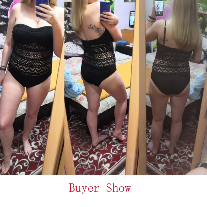 Женский слитный купальник размера плюс 3XL пикантный черный ажурный однотонное