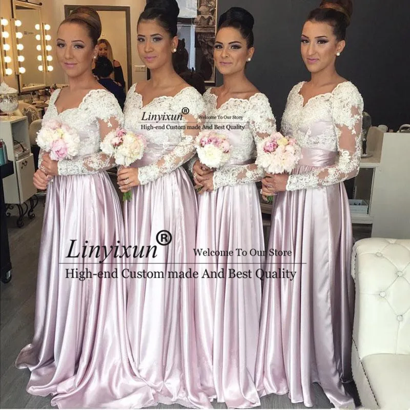 

Long Satin Dress A Line V Neck Long Sleeves Wedding Party Gowns Lace Appliques Bridesmaid Dresses Robe Demoiselle D'honneur