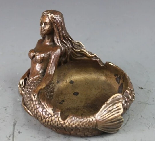 --- 430 + китайская Бронзовая медная статуя резьба Русалка пепельница скульптура |