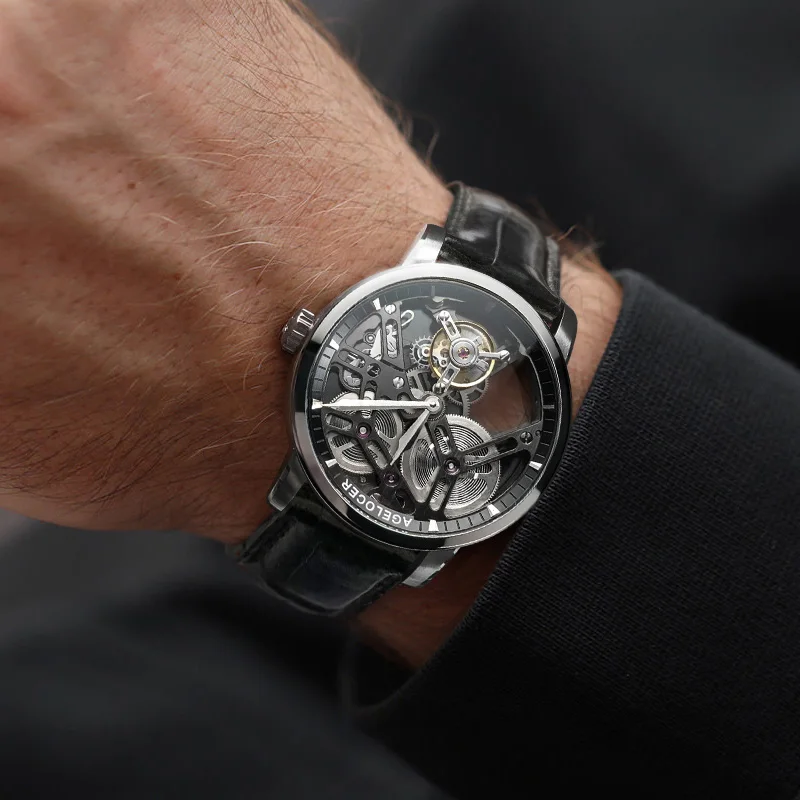 Мужские механические часы AGELOCER водонепроницаемые кожаные с каркасом Топ бренд