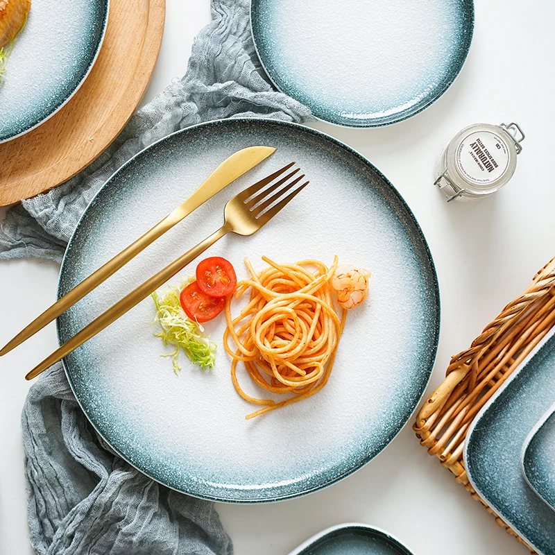 

Nordic Western Tableware Ceramic Bowls European-Style Round Pan Pasta Plate Set Household Dinner Steak Dish